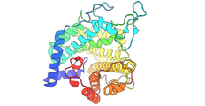 Secondary structure of PL38 ( α / α )7 barrel shown in cartoon representation, colored from N-to-C-terminal in blue to red rainbow.